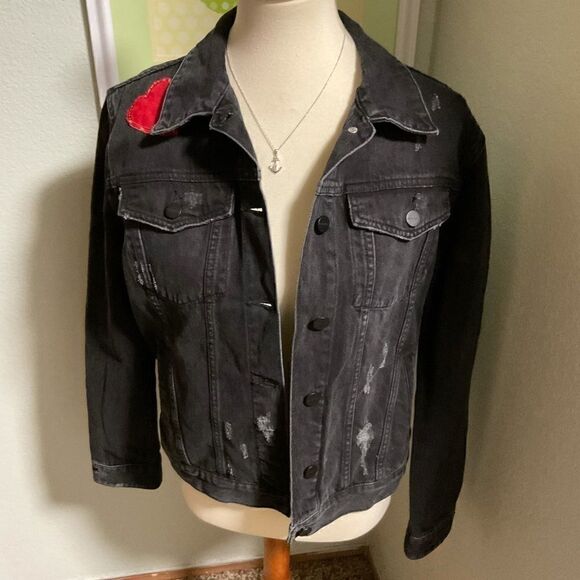 NWOT Sanctuary Black Jean Jacket With Hearts & Sparkle #C37 - Picture 1 of 5